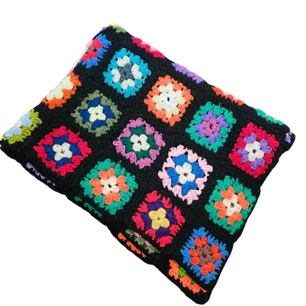 VTG Black‎ Granny Square Couch Sofa Afghan Blanket Throw Rainbow 36 X 60